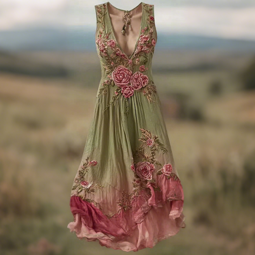 Women Vintage  Floral Art V Neck Linen Maxi Dress artswardrobe