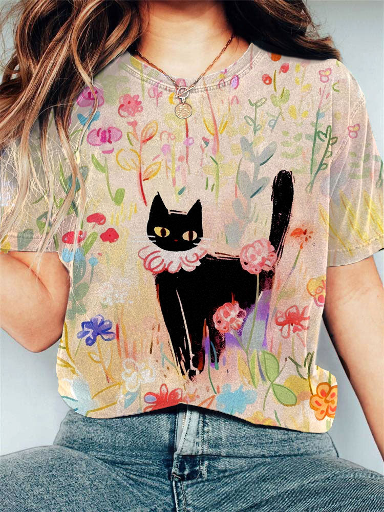 Comstylish Women's Animal Forest Cat Graphic Print Comfortable T-shirt