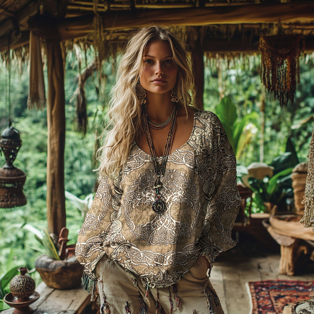 Women's Viking Celtic Knot Style Tree Of Life Art Linen Casual T-shirt artswardrobe