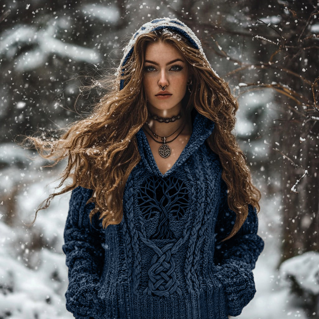 Women's Viking Tribal Runes Life Of Tree Chunky Knit Hooded Sweater artswardrobe