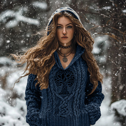 Women's Viking Tribal Runes Life Of Tree Chunky Knit Hooded Sweater artswardrobe