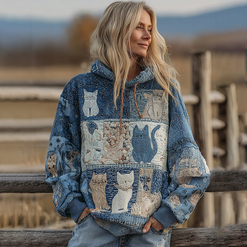 Comstylish Women's Denim Patchwork Cute Cat Floral Print Hoodie