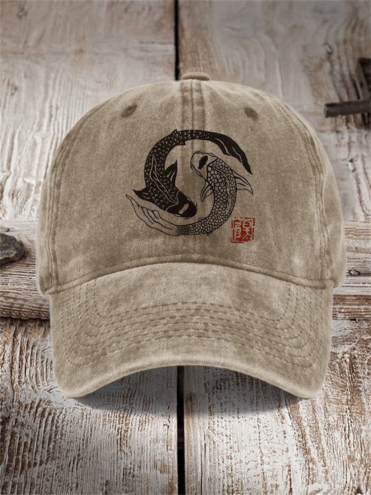 Comstylish Carp Fish Contrast Japanese Lino Art Washed Cap