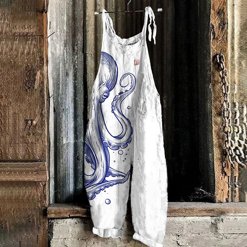 Comstylish Japanese Art Vintage Octopus Print Casual Loose Jumpsuit