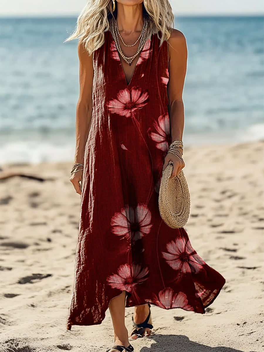 Women's Vintage Floral Art Print Pocket Cotton Dress