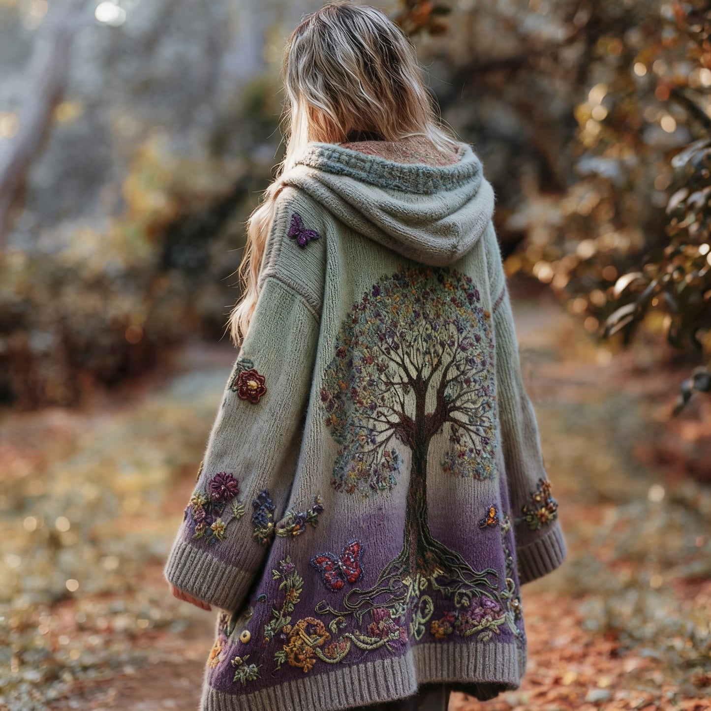 Comstylish Women's Tree Of Life Floral Gradient Cozy Pocket Hooded Cardigan