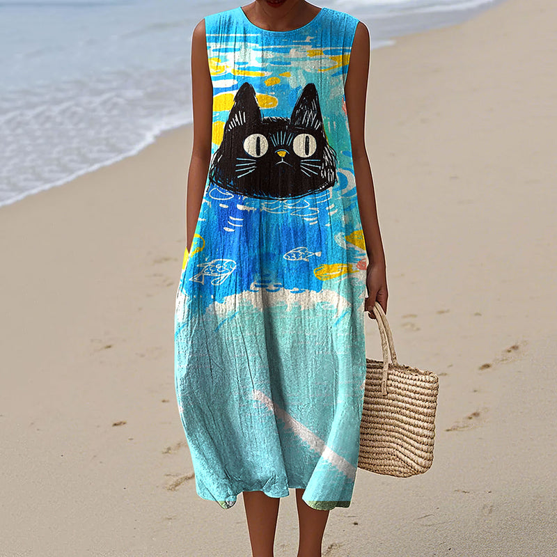 Abstract Creative Oil Black Cat Painting Art Linen Tank Dress artswardrobe