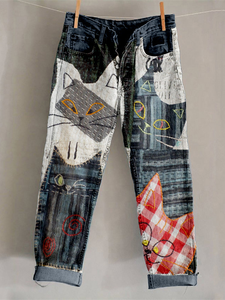 Comstylish Cute Abstract Cat Patchwork Art Washed Jeans