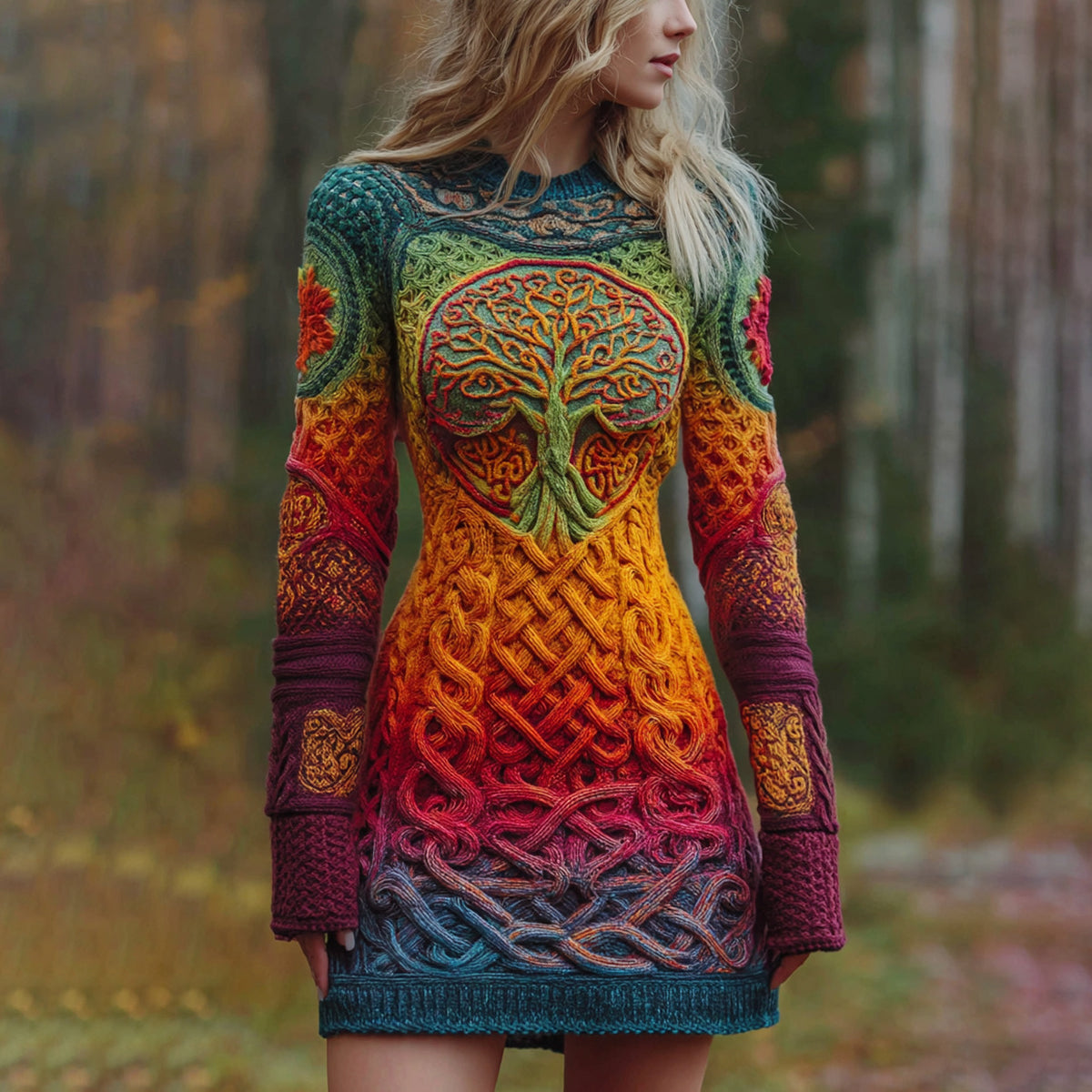 Women's Viking Celtic Knot With Tree Of Life Irish Rainbow Art Cozy Knit Mini Sweater Dress artswardrobe