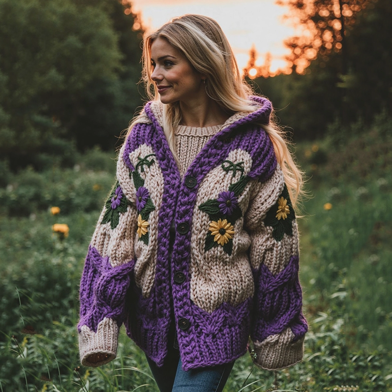 Women's Vintage Purple Flowers Gradient Chunky Knit Hooded Cardigan artswardrobe