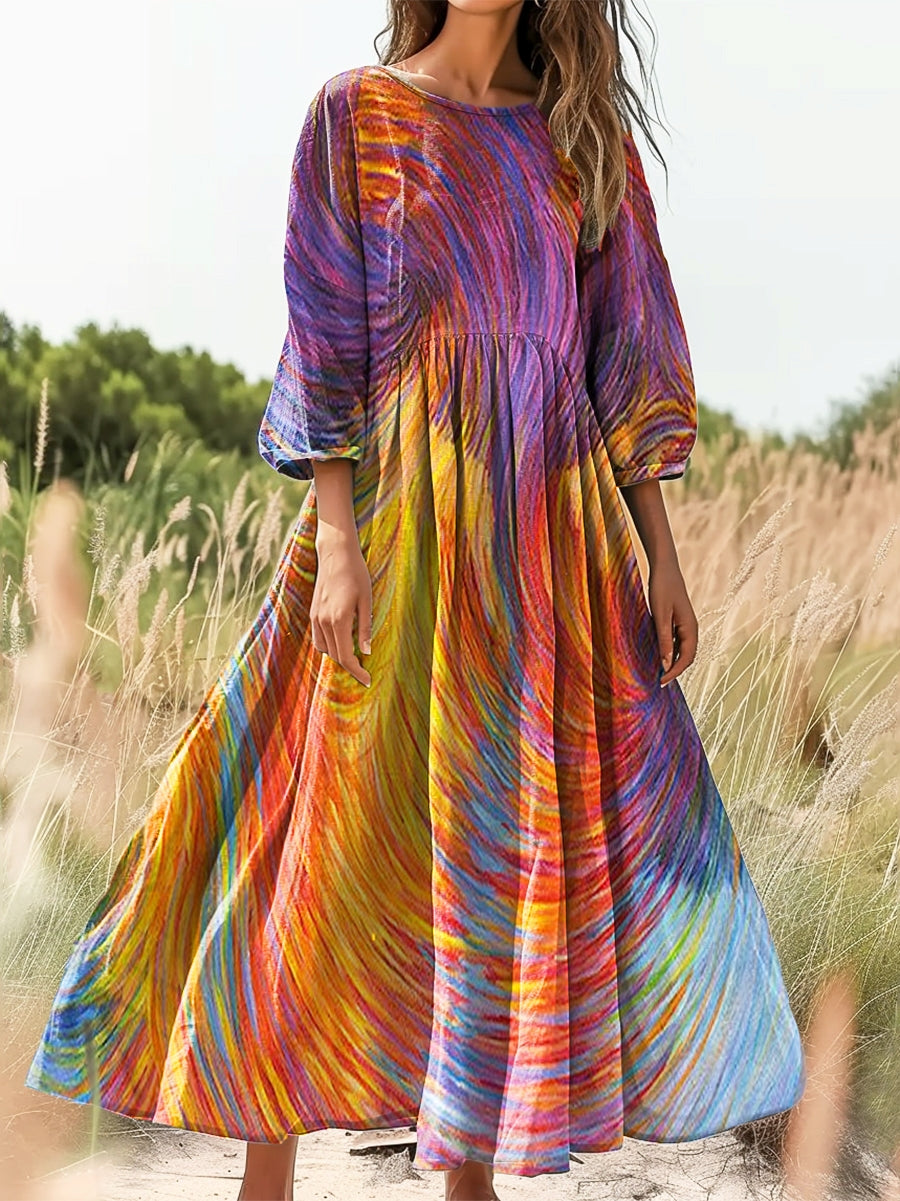 Women's Colorful Line Art Print Flowy Cotton Crew Neck Dress