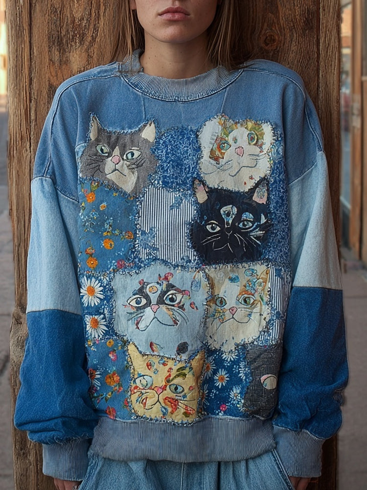 Comstylish Cute Cats Boho Floral Embroidered Patchwork Washed Sweatshirt