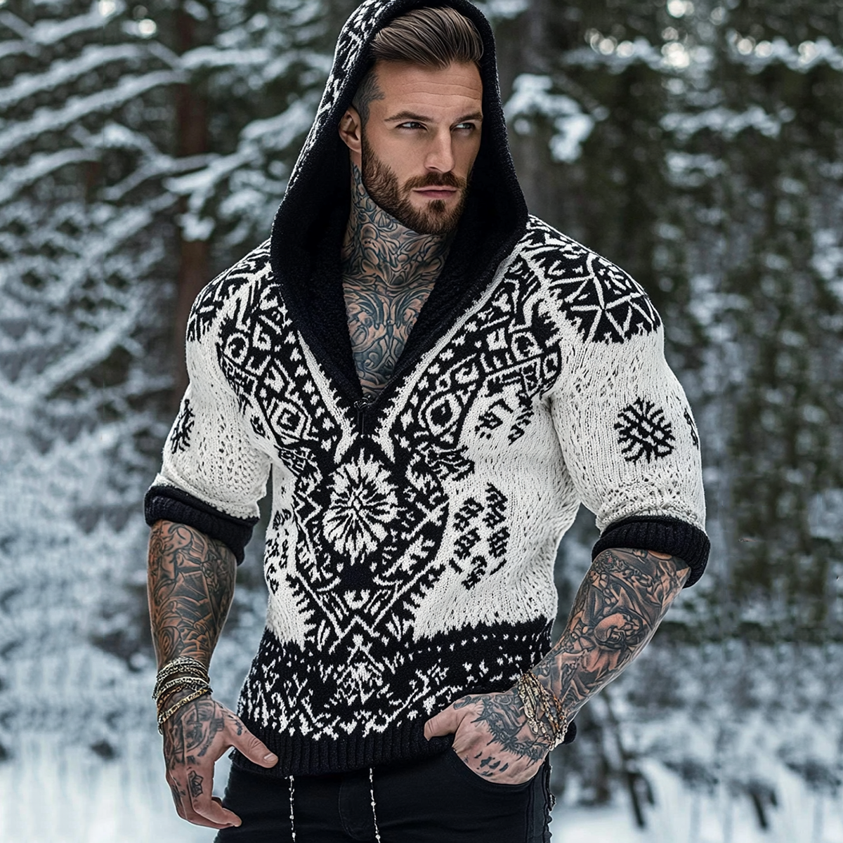 Men's Viking Tribal Pattern Jacquard Celtic Cozy Hooded Sweater artswardrobe