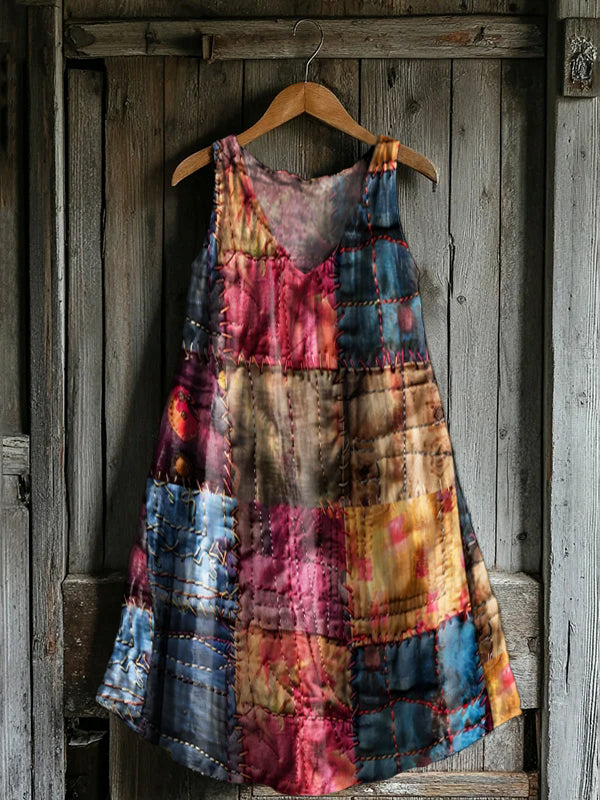 Women's Vintage Ethnic Patchwork Art Print V-neck Pocket Cotton Dress