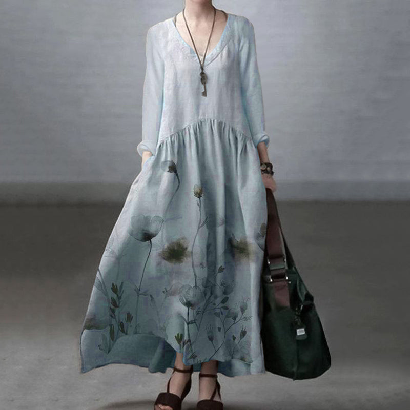 Comstylish Japanese Art Floral Printed Long Sleeve V-neck Midi Dress