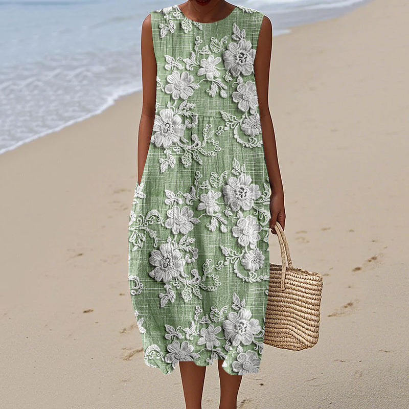 Vintage Lilies Art Pattern Comfy Linen Tank Dress artswardrobe