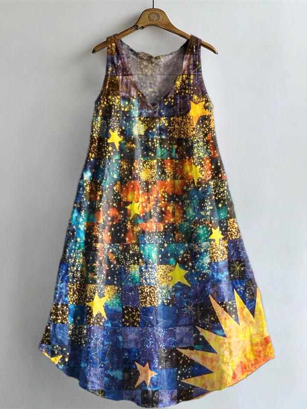 Women's Mysterious Sun Patchwork Print V-neck Pocket Cotton Dress