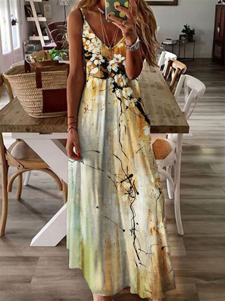 Vintage Ink Flower Print Maxi Dress
