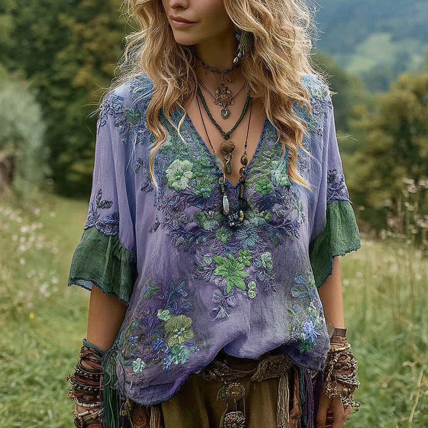 Women's Vintage Floral Embroidery Art V Neck Linen T-shirt artswardrobe