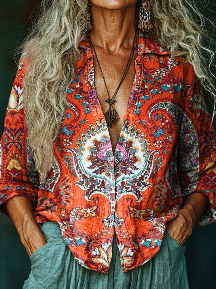 Women's Hippie Art Painting Print V-Neck Shirt