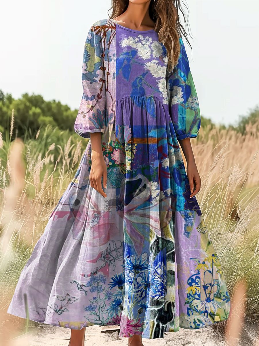 Women's Floral Art Print Cotton Crew Neck Dress