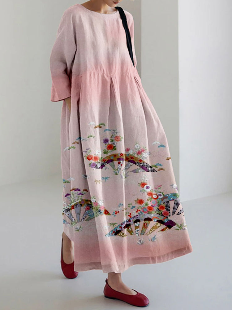 Comstylish Traditional Japanese Floral Pattern Linen Blend Maxi Dress