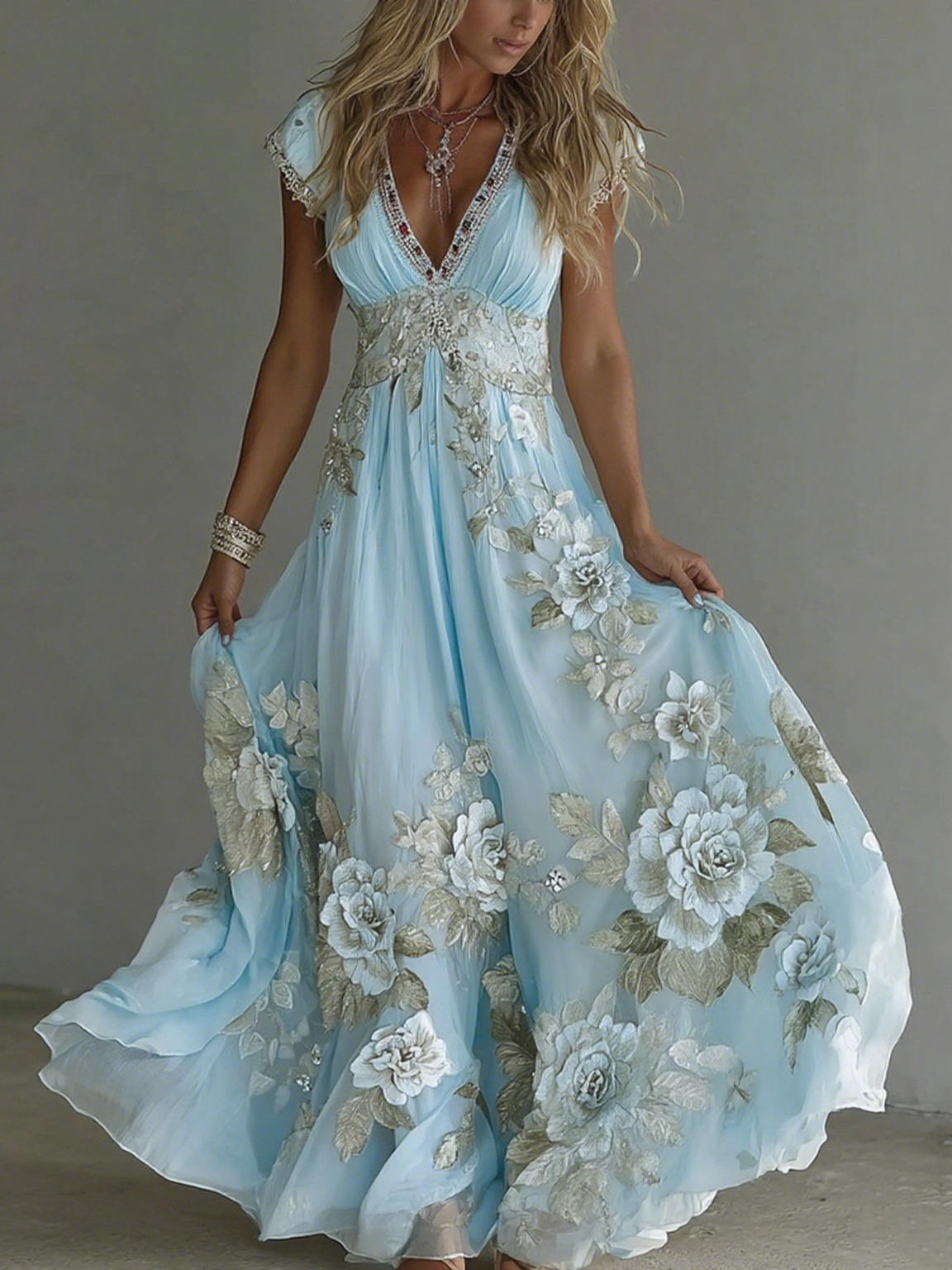 Comstylish Women's Vintage Boho Floral Art Short-sleeved Maxi Dress