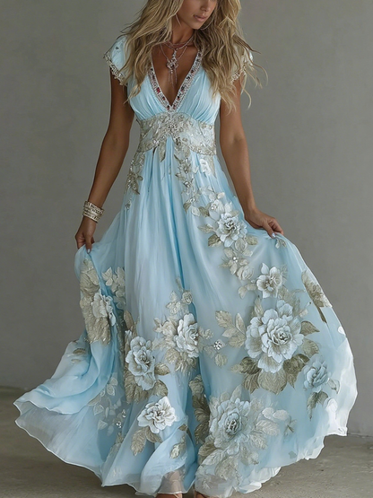 Comstylish Women's Vintage Boho Floral Art Short-sleeved Maxi Dress