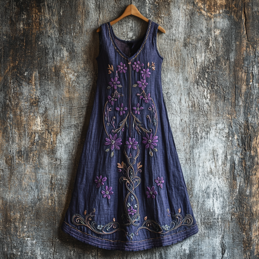 Comstylish Vintage Bohe Purple Floral Embroidery Art Linen Tank Dress