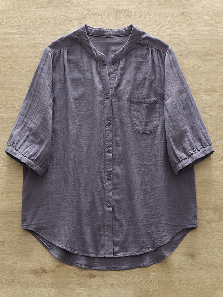 Comstylish Women's Simple Solid Color Linen Blend Casual Shirt