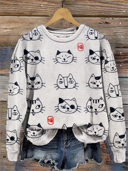 Comstylish Lovely Cats Faces Japanese Pattern Sweatshirt