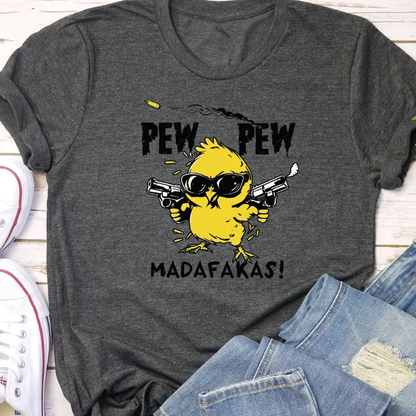 Comstylish Pew Pew Madafakas Print Crew Neck Short Sleeve T-shirt