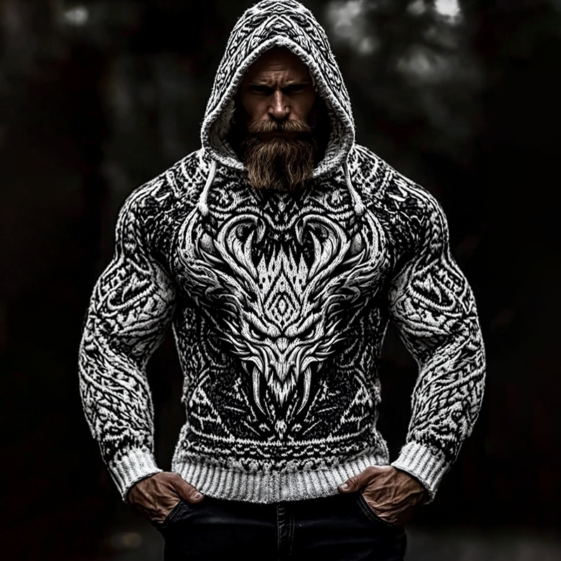 Men's Viking Tribal Dragon Jacquard Celtic Inspired Cozy Hooded Sweater artswardrobe