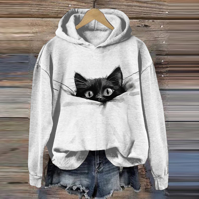 Women's Black Cat Art Print Casual Hoodie elevenforest