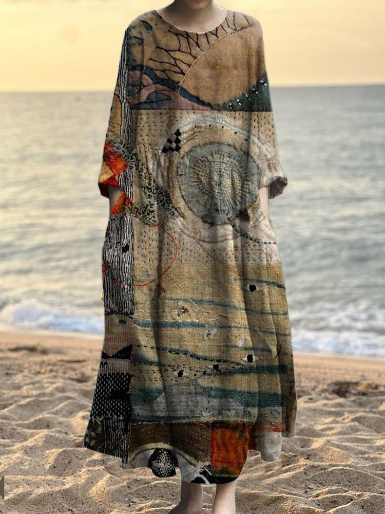 Comstylish Vintage Stitching Embroidery Pattern Women's Linen Maxi Dress