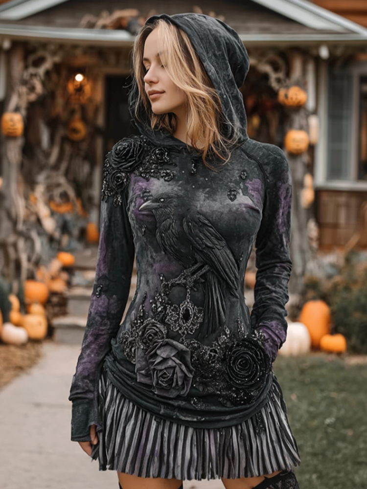Comstylish Halloween Dark Crow Witch Design Women's Hooded Close-fitting Top