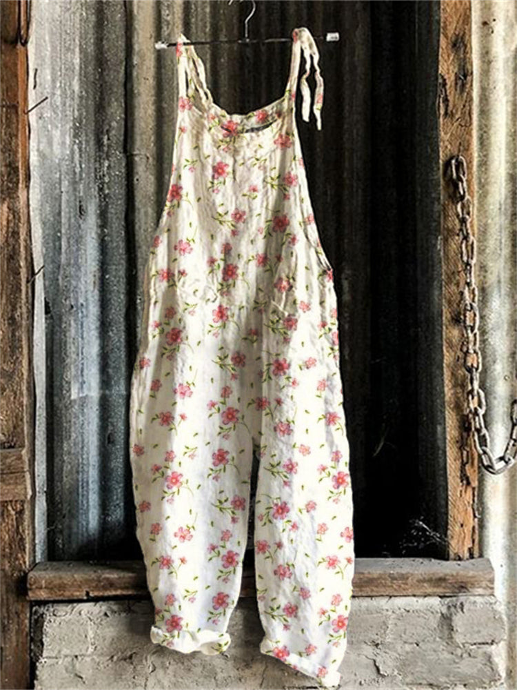 Vintage Cottage Pink Floral Loose Fit Jumpsuit artswardrobe