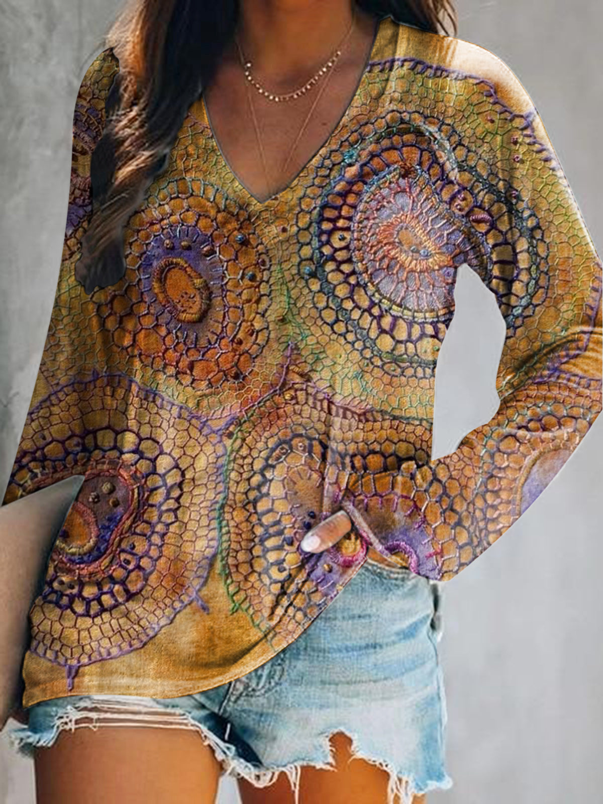 Women's Casual Vintage Bohemian Art Print V Neck Long Sleeve Tops