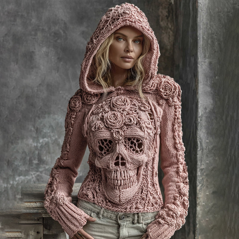 Comstylish Halloween Pink Rose Skull Gothic Hoodie Sweater