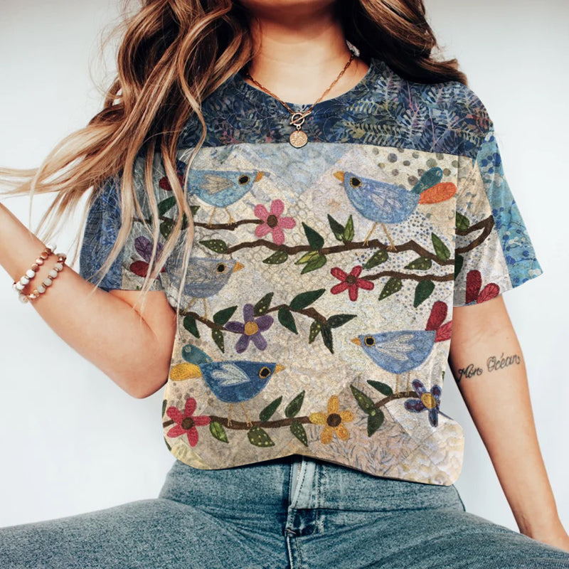 Comstylish Women's Flower And Bird Art Round Neck T-shirt