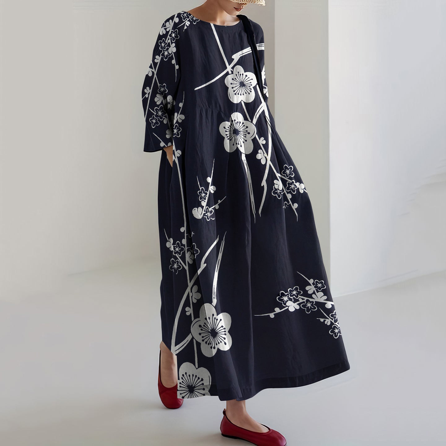 Comstylish Vintage Japanese Art Flower Print Casual Midi Dress