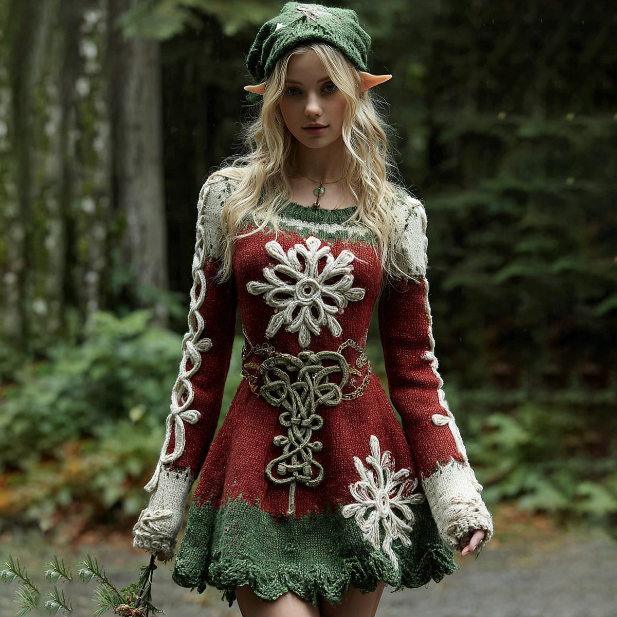 Women's Christmas Snowflake Embroidered Celtic Knot Midi Sweater Dress artswardrobe