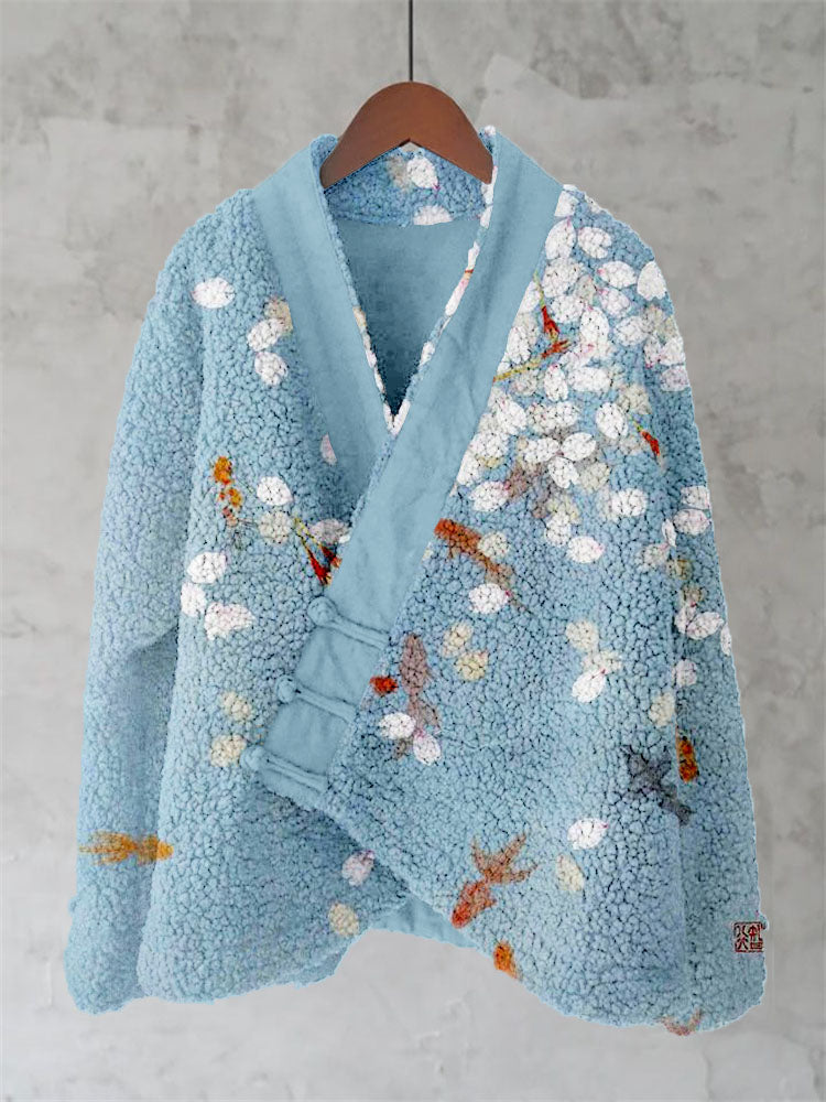 Comstylish Koi And Sakura Art Pattern Fleece Kimono Cardigan