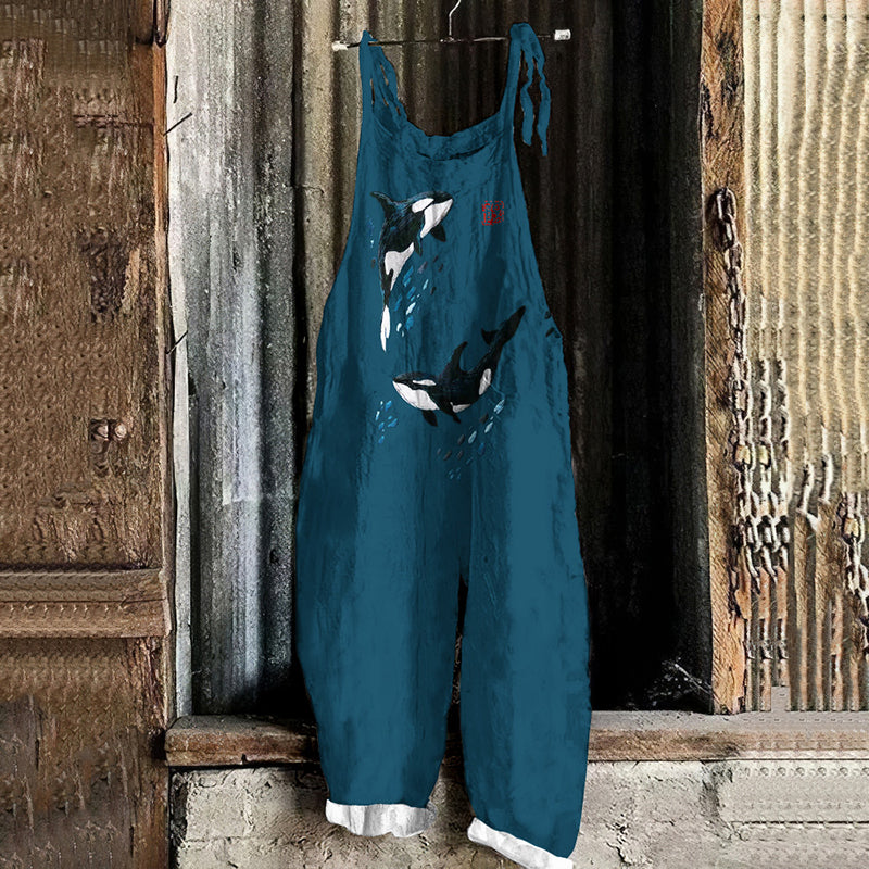 Comstylish Vintage Whale Linen Blend Loose Casual Jumpsuit