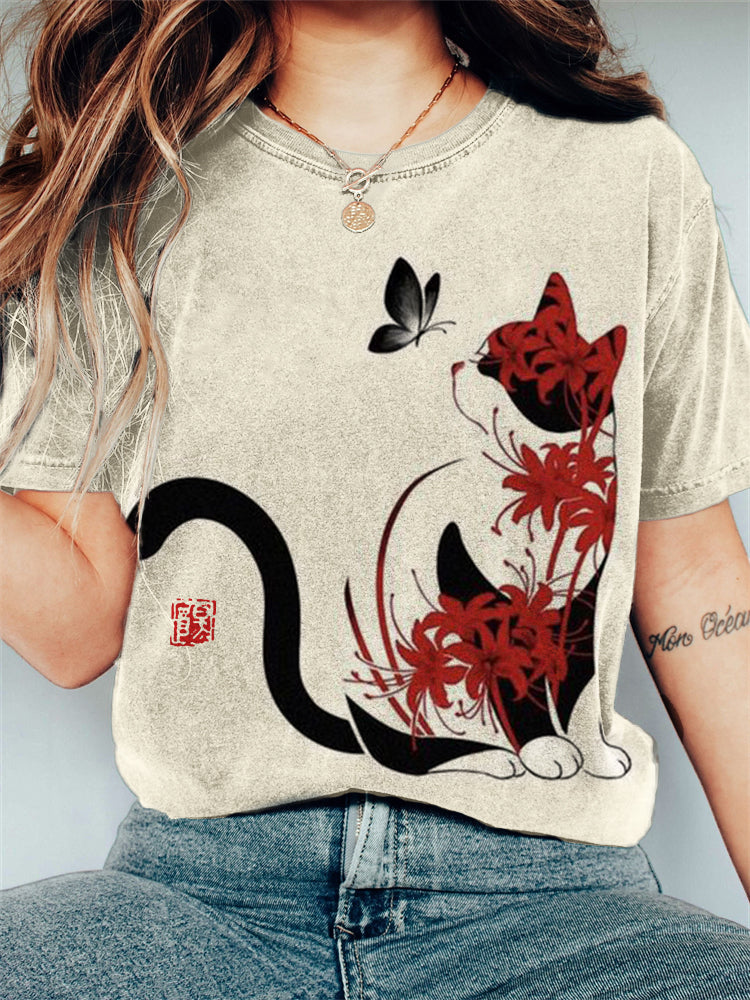 Spider Lily Floral Cat Japanese Art T Shirt elevenforest