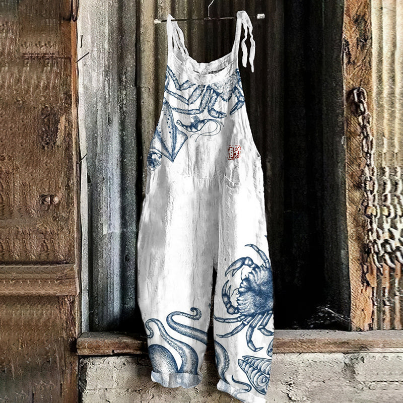 Comstylish Japanese Art Octopus And Crab Print Casual Linen Blend Loose Jumpsuit