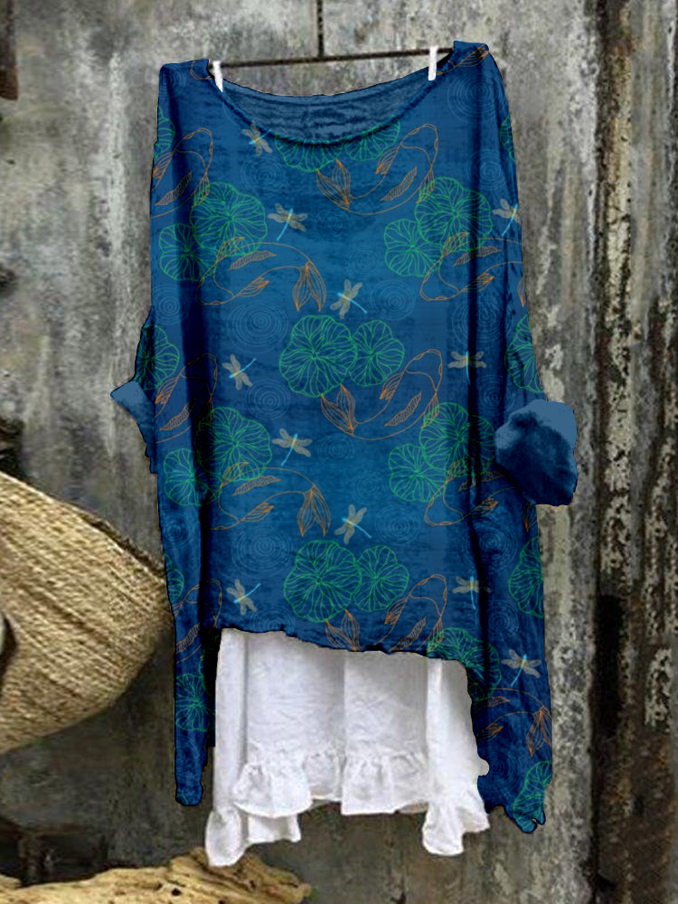 Comstylish Washi Silk Koi Pond Art Linen Blend Flowy Tunic