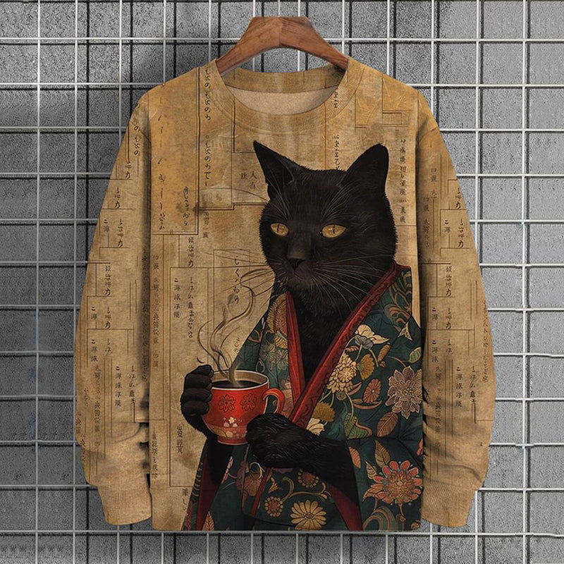 Men's Kimono Black Cat Drinking Coffee Art Print Casual Sweatshirt elevenforest
