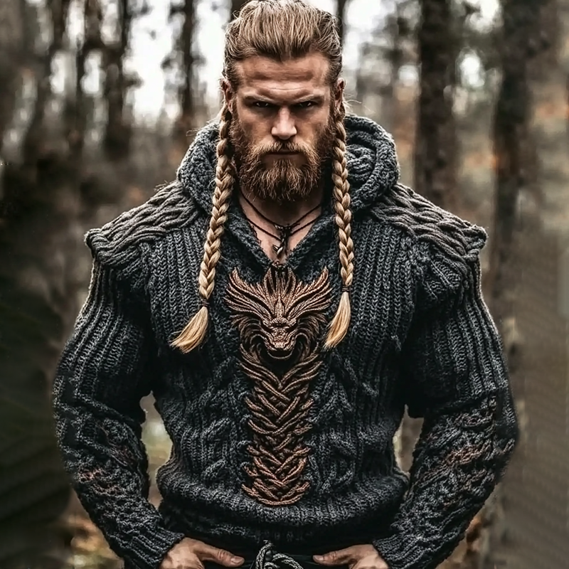 Men's Vintage Black Dragon Viking Celtic Chunky Hooded Sweater artswardrobe