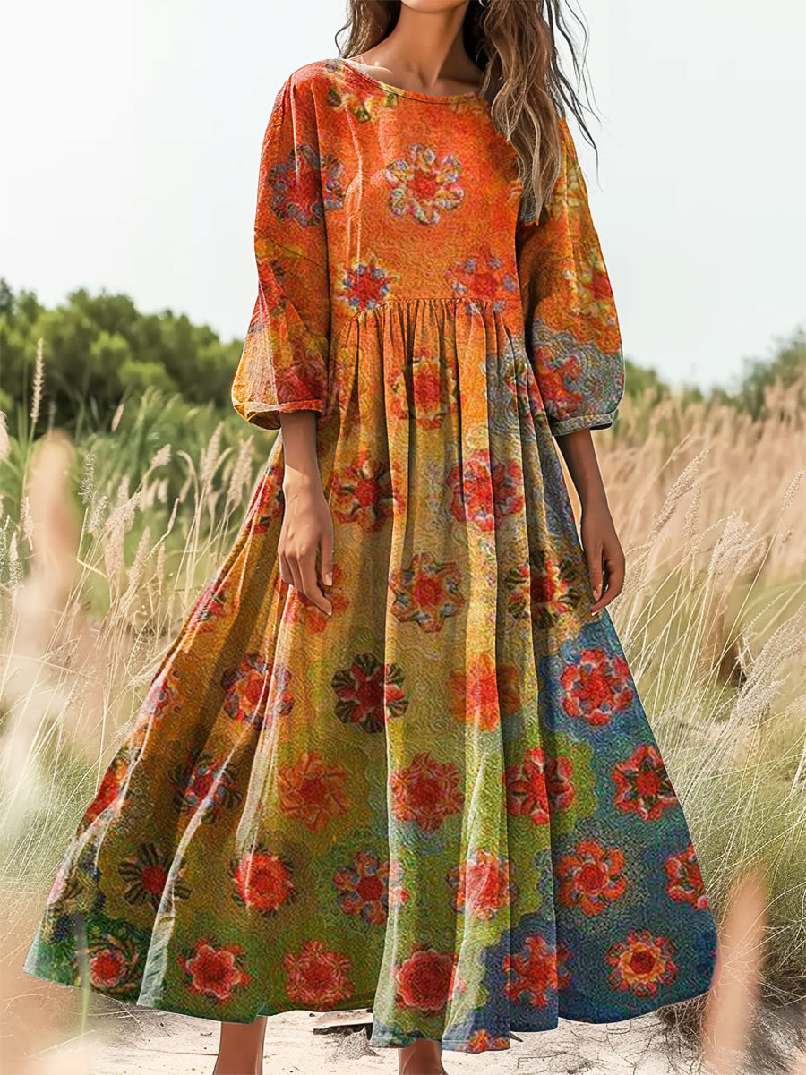 Women's Vintage Floral Art Print Flowy Cotton Crew Neck Dress